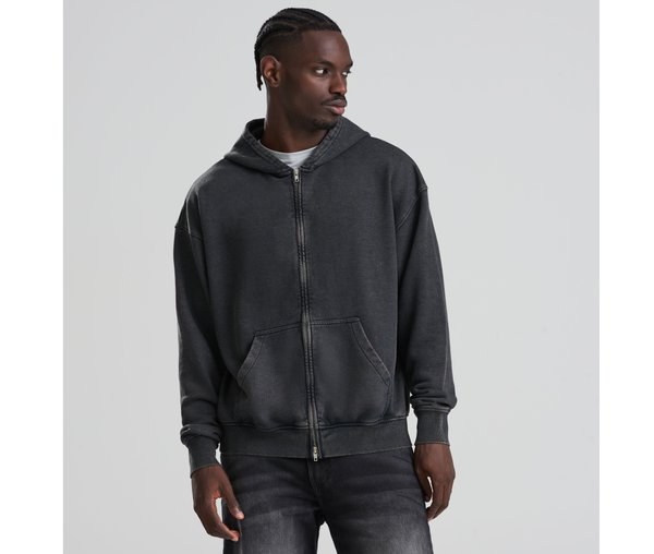 Washed-effect zip-up hoodie